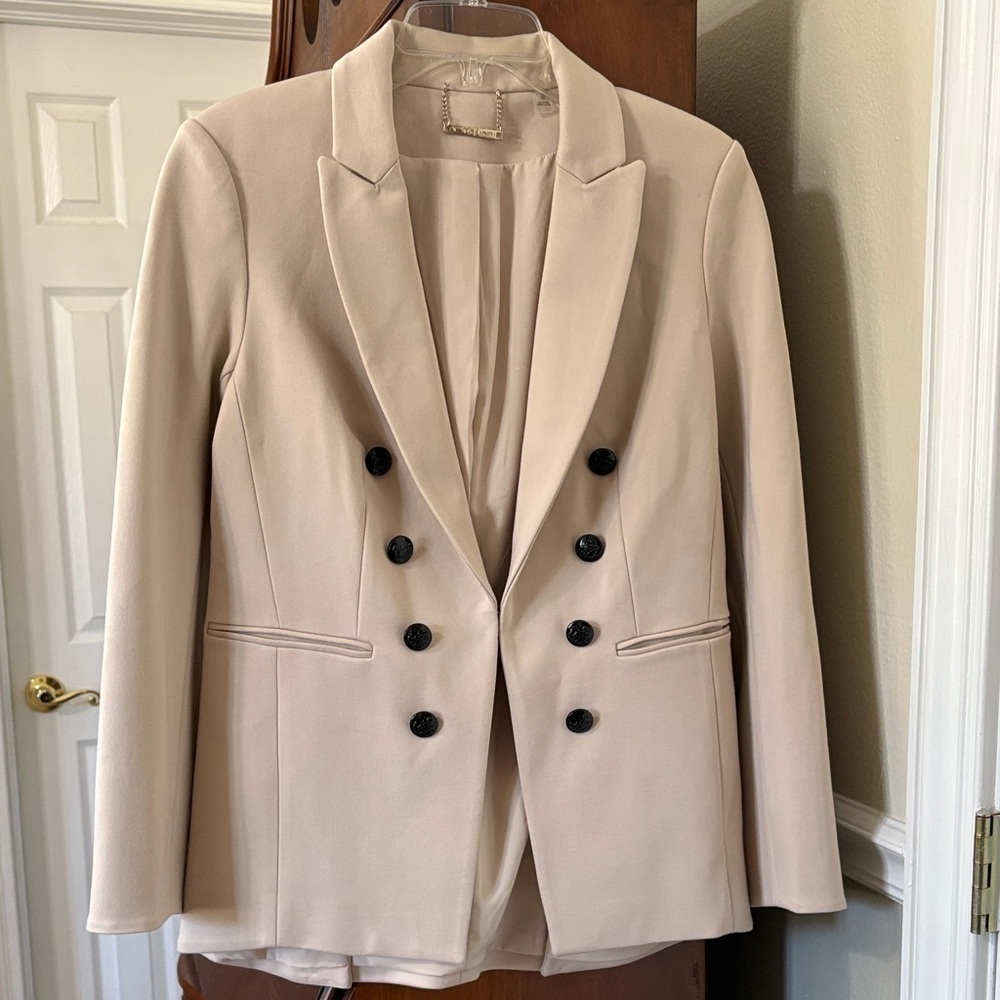 *Tahari Elegant Cream Stone Beige Neutral Double-Breasted Blazer Jacket